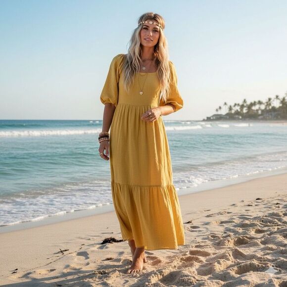 Billabong Dresses & Skirts - Billabong Yellow Cotton Puff Sleeve Tiered Midi Dress Size L Boho Cottagecore